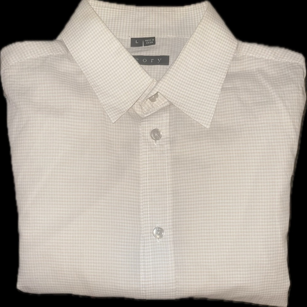 Theory Beige and White Checkered Dress Shirt